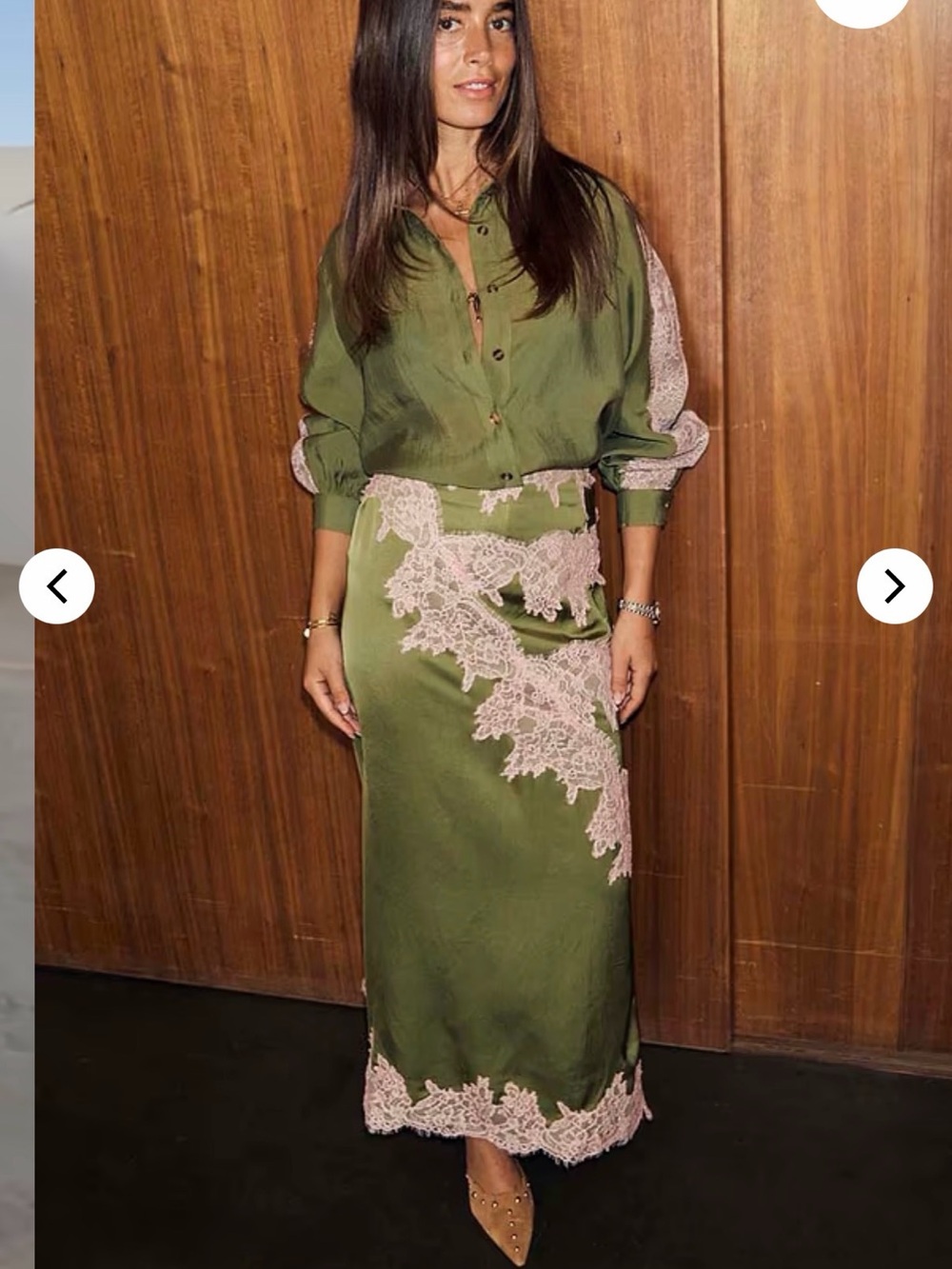 Never Fully Dressed Olive Green & Pink Lace-Trim Skirt and Shirt